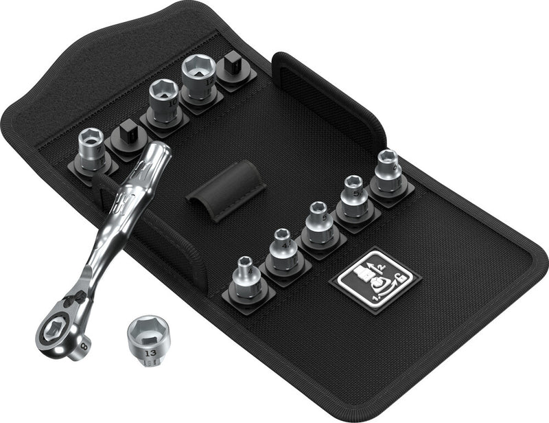 Ratchet and socket set in a black molded case with chrome tools