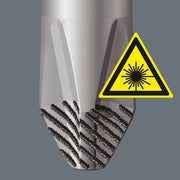 Screwdriver bit tip with multiple star-shaped ends and yellow warning icon