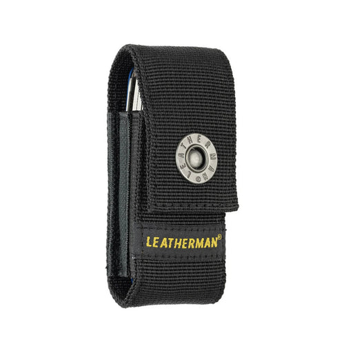 Black nylon tool sheath with metal snap button and LEATHERMAN logo patch