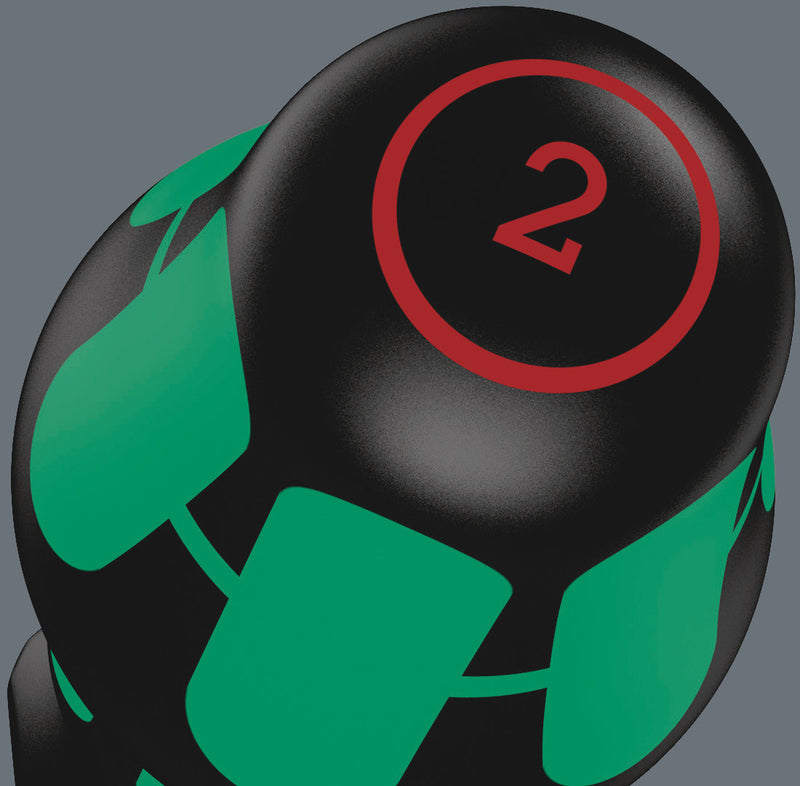 Black screwdriver handle with green pattern and red “2” size label