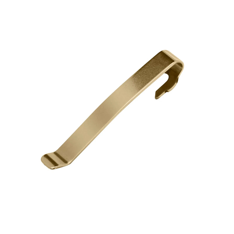 Quick-release pocket clip, brass PVD metal with open hook tab
