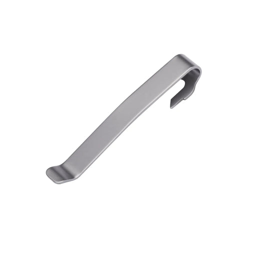 Quick-release pocket clip, silver stainless finish with open hook tab