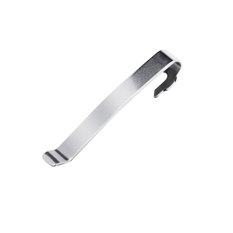 Quick-release pocket clip, matte silver metal with open hook tab