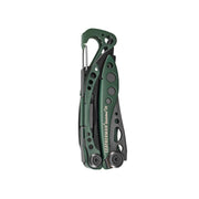 OD green Skeletool CX multi-tool with pliers and carabiner-style clip, folded open