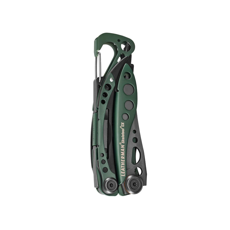 OD green Skeletool CX multi-tool with pliers and carabiner-style clip, folded open