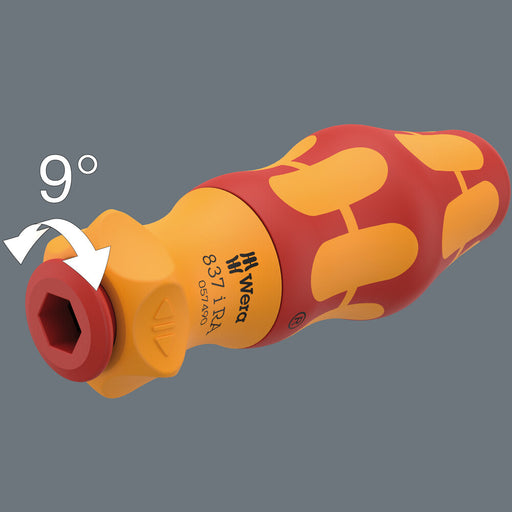 Angled insulated VDE screwdriver with orange-yellow ergonomic handle and red bit tip