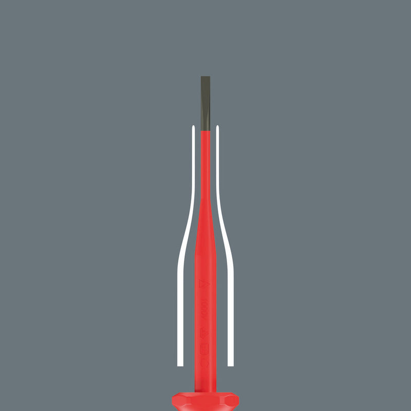 Red and white screwdriver with metal shaft, compact hand tool