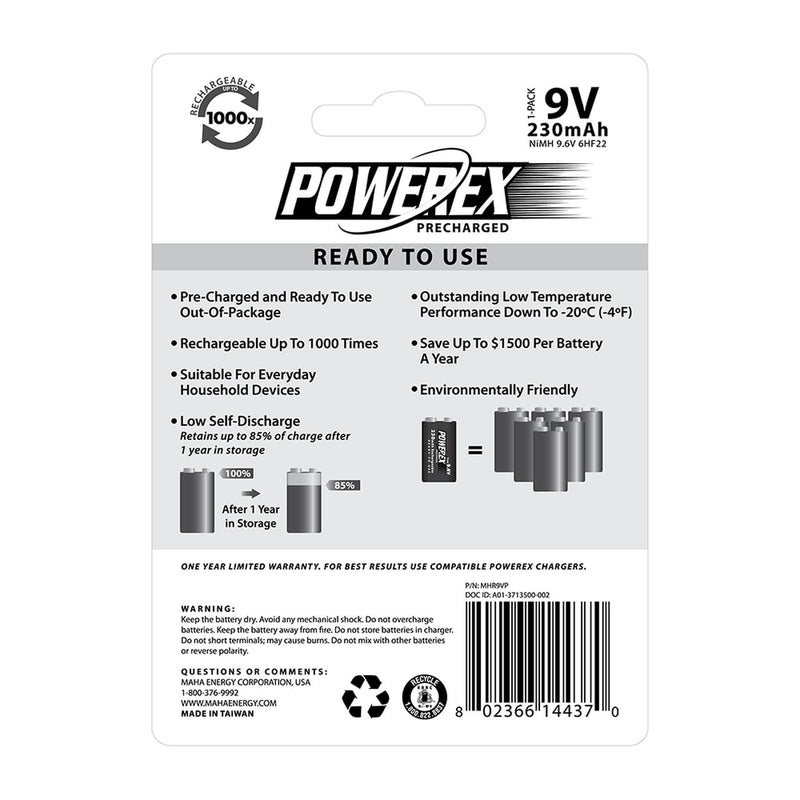 Powerex / Maha Precharged 9.6V 230mAh (1-Pack) Rechargeable Battery - Theatre Supplies Group