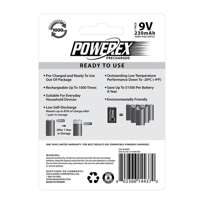 Powerex / Maha Precharged 9.6V 230mAh (1-Pack) Rechargeable Battery - Theatre Supplies Group